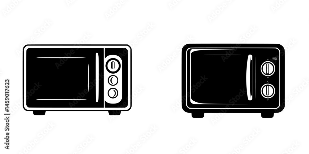 Poster flat black icons of a microwave oven showing side views designed for easy recognition in modern kitc
