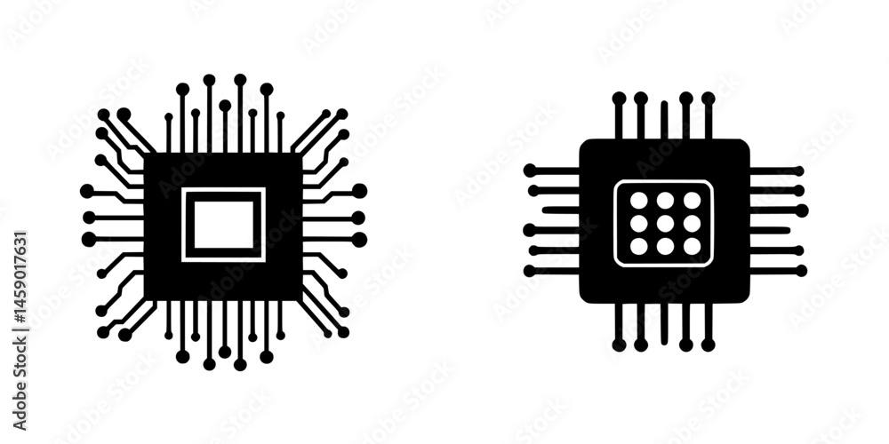 Poster flat black icons depicting microchip designs with distinctive circuits and patterns used in various 