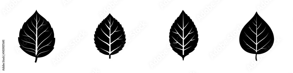 Poster flat black leaf icons featuring different shapes and vein patterns suitable for eco-friendly design 