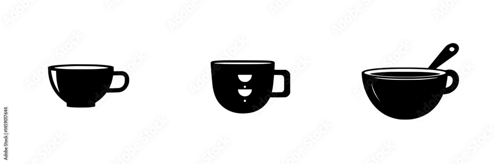 Poster flat black icon set depicting various types of cups and bowls for versatile design use