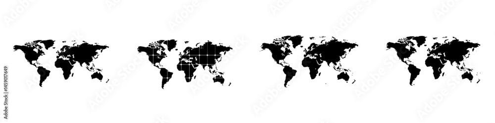 Poster flat black map icons representing continents and countries for various design applications