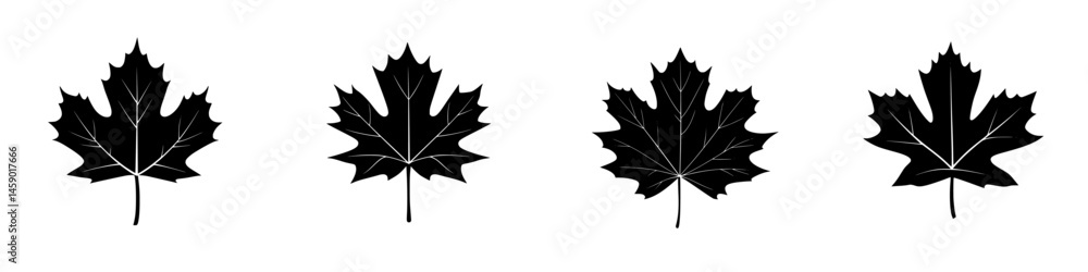 Poster flat black icons of various leaf shapes arranged in a straight line for simple design use