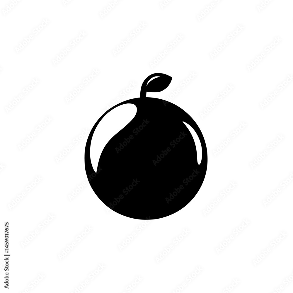 Poster black flat icon of a round fruit with a leaf featuring a minimalist design suitable for various digi