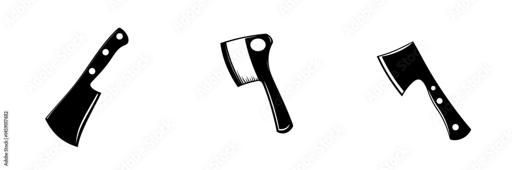 Poster flat black icon representing various types of axes and cleavers arranged in a row