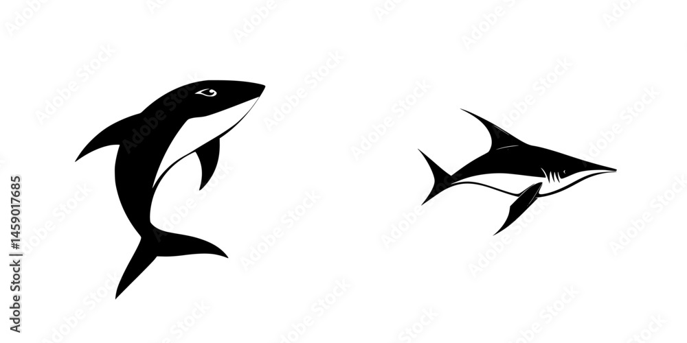 Poster stylized flat black shark icons representing different species in a minimalist design suitable for v