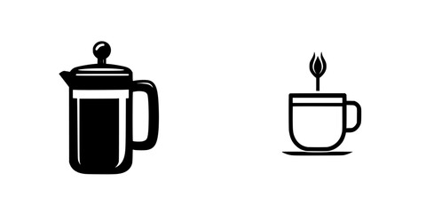 Coffee brewing equipment featuring a French press and a steaming cup of coffee designed as flat black icons