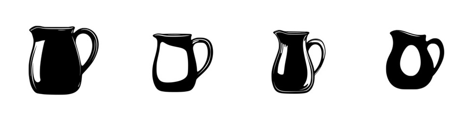 Collection of flat black icons depicting various styles of pitchers for culinary and decorative purposes
