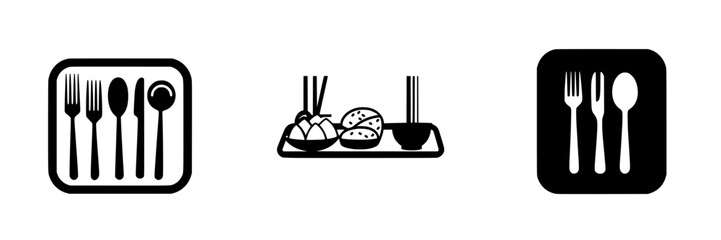 Set of flat black icons representing utensils and food items for dining experience