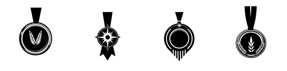 Black icon collection featuring various medal designs showcasing distinct shapes and ribbon styles © Andrei