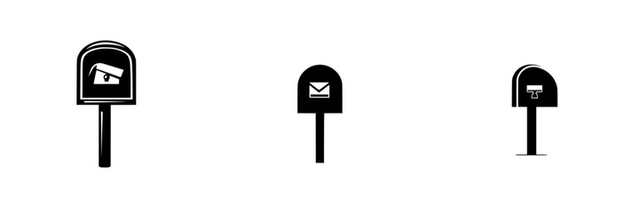 Flat black mailbox icons representing mail delivery, surveillance, and document collection in a modern design