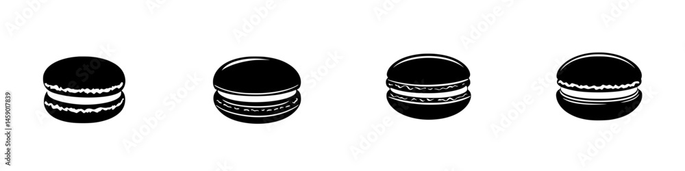 Poster stylized flat black icon collection of macarons arranged in a row showcasing different shapes and si