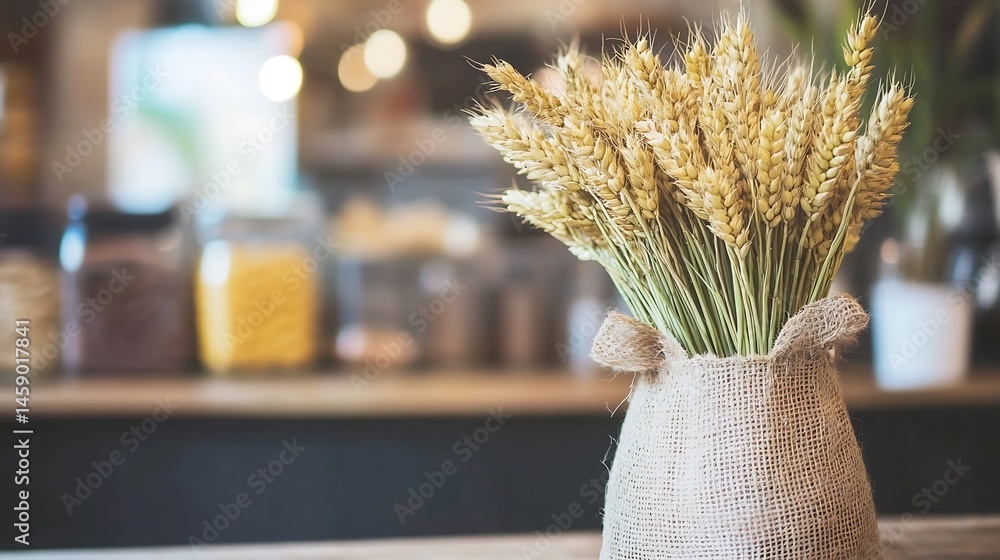 Poster dried wheat stalks in a burlap vase sit on a wooden table, with a blurred background of a rustic kit