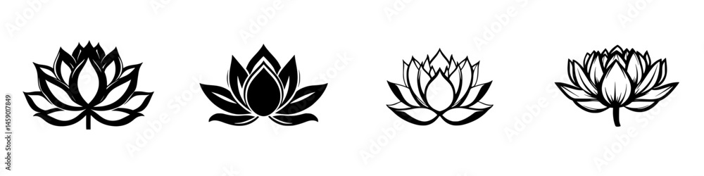 Poster multiple flat black icons of lotus flowers showcasing different styles and shapes in a minimalistic 