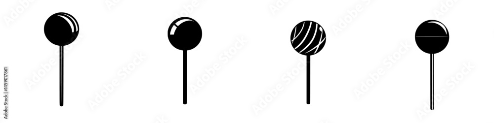 Poster flat black icons representing various types of lollipops created in a minimalistic design style