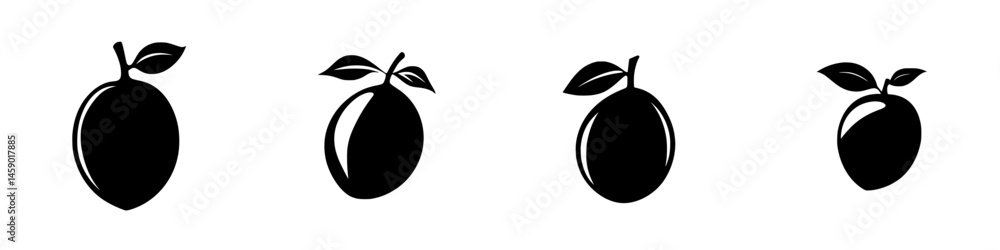Poster flat black icons of fruits with leaves representing a minimalist design for various applications and
