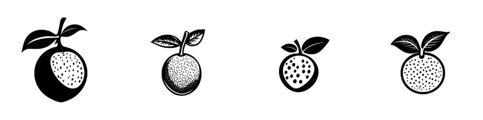 Flat black icons representing orange fruits in varying designs showcasing different styles and patterns for illustrative purposes