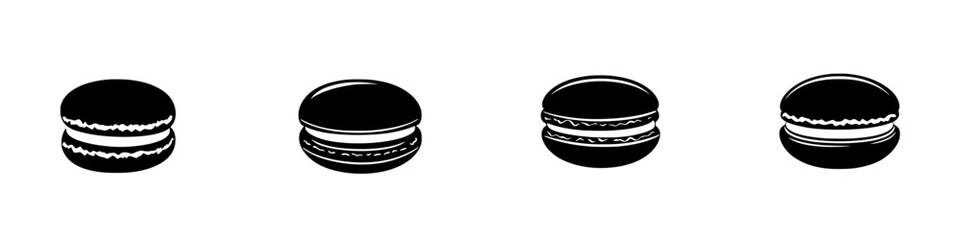 Stylized flat black icon collection of macarons arranged in a row showcasing different shapes and sizes for graphic design use