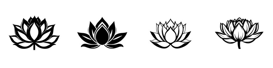 Multiple flat black icons of lotus flowers showcasing different styles and shapes in a minimalistic design