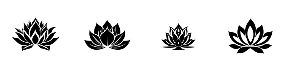 Stylized flat black lotus flower icons showcasing different designs and sizes for creative projects