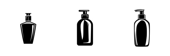 Collection of flat black icons representing various types of cosmetic and personal care product bottles set against a plain background