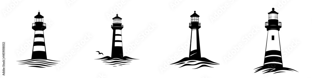 Poster flat black icons of lighthouses displaying various designs with multiple perspectives and styles