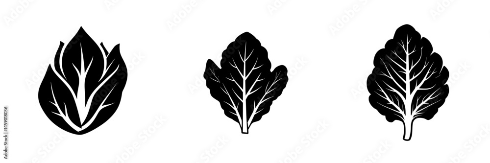 Poster various flat black leaf icons showcasing unique shapes and vein patterns for design and illustration