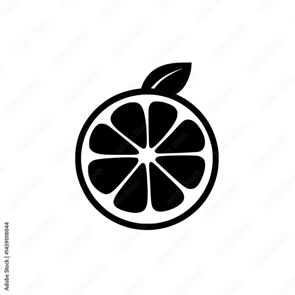 Poster flat black icon representing a sliced lemon with a leaf and a stylized design illustrating its segme