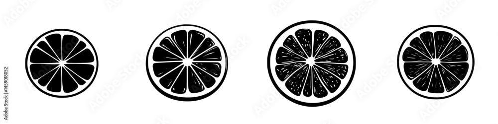 Poster black icon set representing lemon slices in various styles arranged in a row with distinct details s
