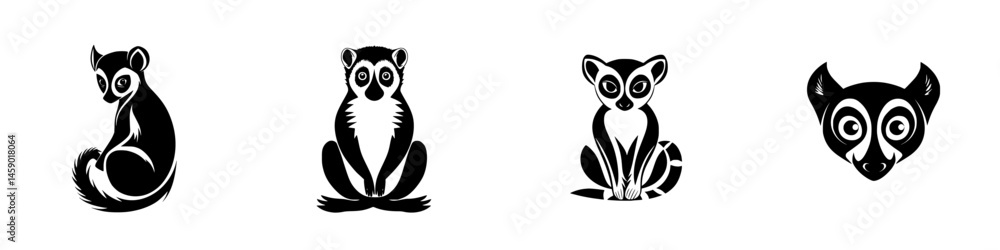 Poster flat black icons of various lemurs showcasing their unique postures and characteristics in a clean a