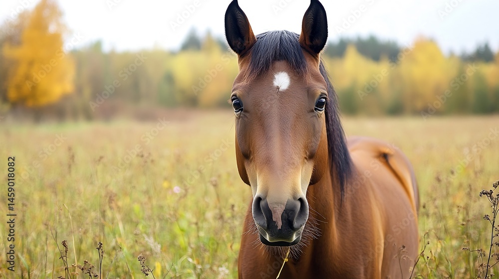 Aufkleber a chestnut horse with a star stands in an autumnal field, gazing directly at the camera. the blurred