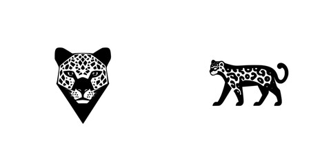 Black icon featuring a stylized leopard head and a walking leopard silhouette on a plain background