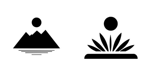 Flat black icons representing natural landscapes and plants set against a minimalistic background