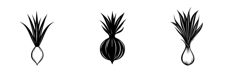 Flat black icon set featuring three unique onion designs showcasing different shapes and styles