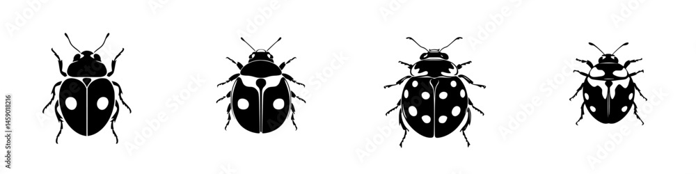 Poster varieties of flat black ladybugs in a minimalist design displaying different patterns and forms