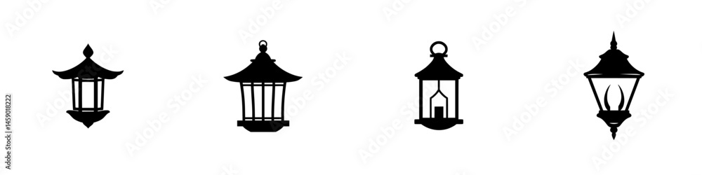 Poster creative collection of flat black icons showcasing various styles of lanterns in minimal design