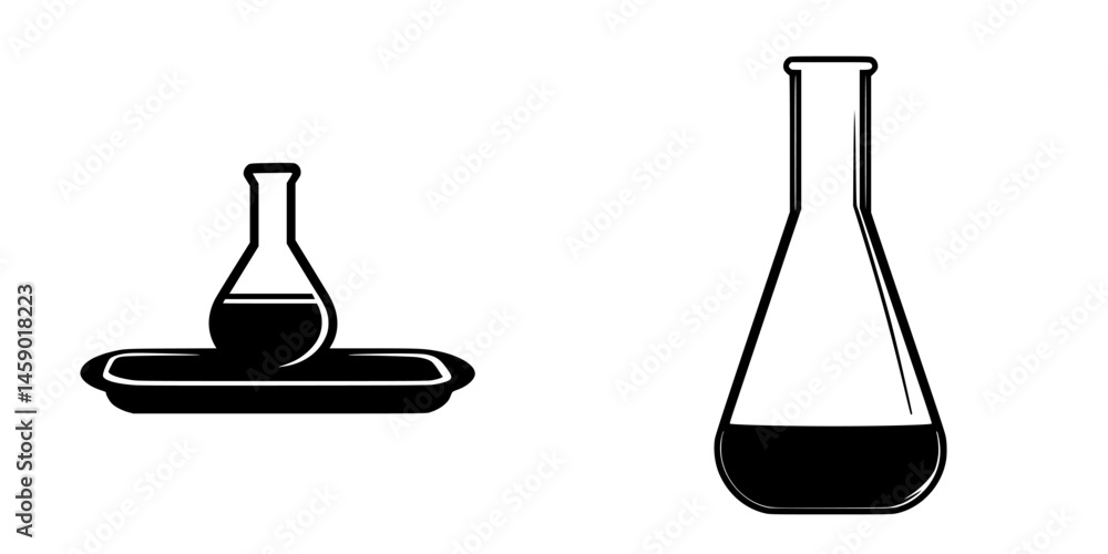 Poster laboratory glassware icons depicting a flask on a tray and a separate flask design for educational o