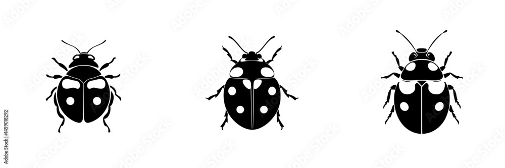 Poster black insect icons featuring ladybugs in a simple flat design suitable for various digital applicati