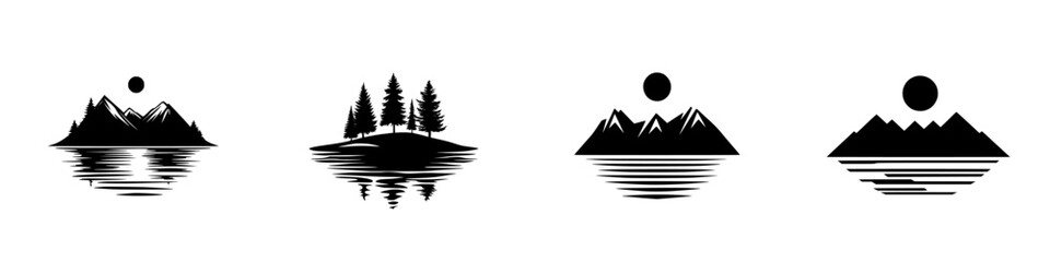Obraz premium Stylized black icons depicting natural landscapes with mountains, trees, and sun reflections on serene water