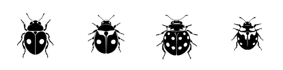 Varieties of flat black ladybugs in a minimalist design displaying different patterns and forms