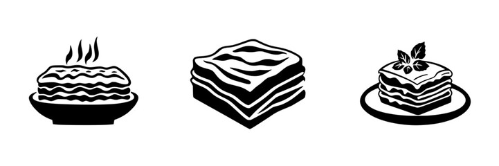 Flat black icons representing layers of delicious lasagna in various styles and presentations