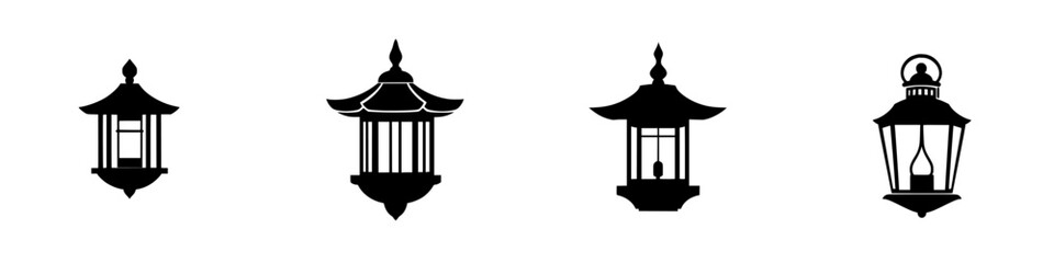 Flat black icons of various traditional lantern designs showcasing unique shapes and styles for decorative or illustrative purposes