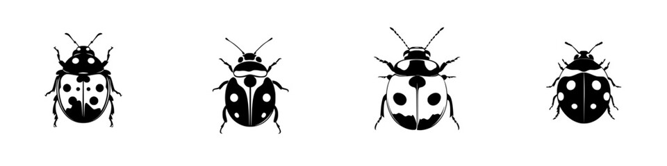 Flat black icons of various ladybugs showcasing unique patterns and features for design and illustration purposes