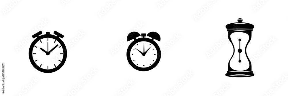 Poster collection of flat black icons representing different types of timekeeping devices suitable for vari