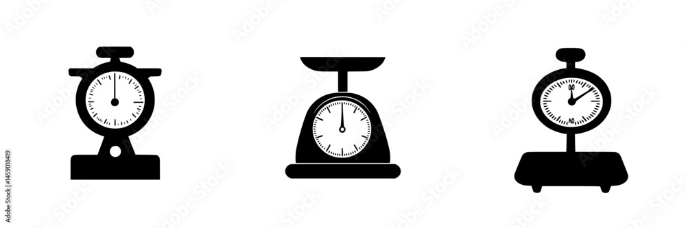Poster collection of flat black scale icons showcasing different designs and styles of weighing instruments