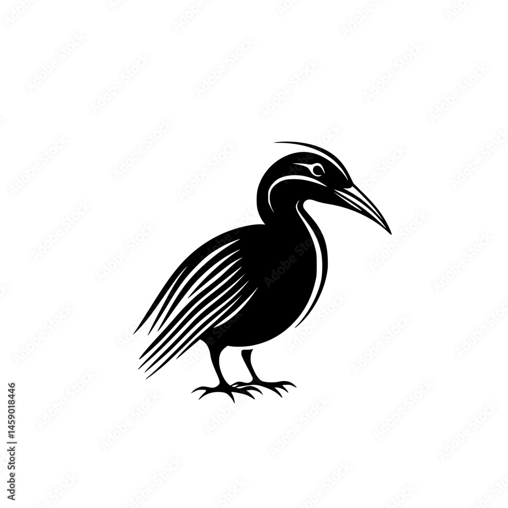Poster flat black icon of a bird with detailed feathers and a distinct beak showcasing simplicity and elega