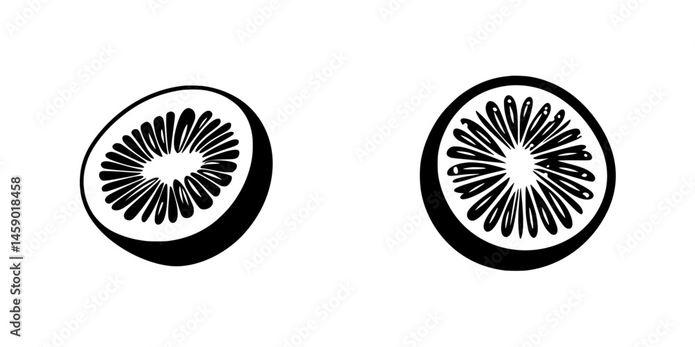 Poster flat black icon of sliced kiwifruit showing seeds and texture details for use in design and educatio