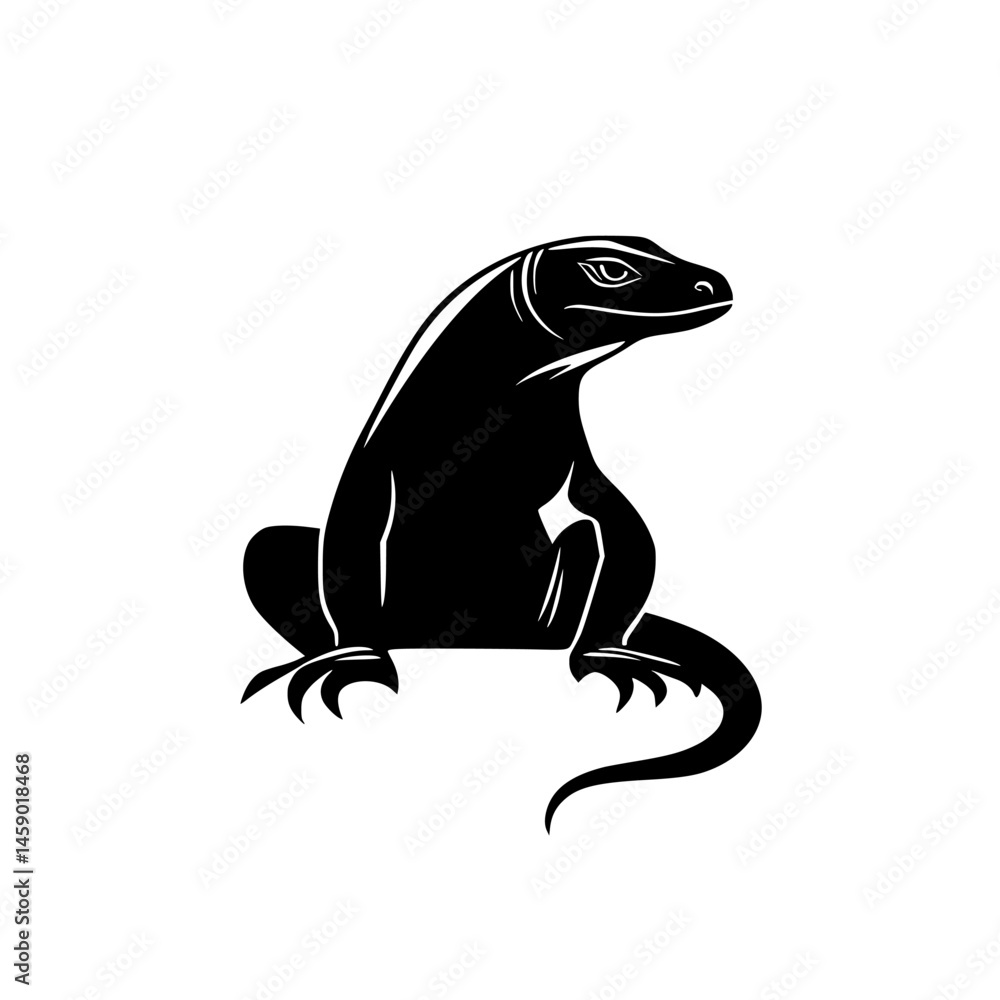 Poster flat black icon of a lizard sitting in a relaxed pose with a defined tail against a minimalistic bac