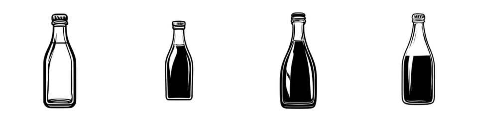 Various flat black icon designs of bottles with different shapes and sizes for minimalist graphic representation in diverse applications
