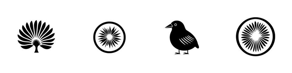 Flat black icons depicting nature and wildlife elements with a tree, flower, bird, and circular designs showcasing simplicity and elegance