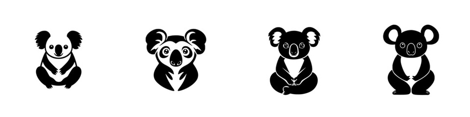 Flat black koala icons showcasing different poses and expressions for creative design applications and graphic use